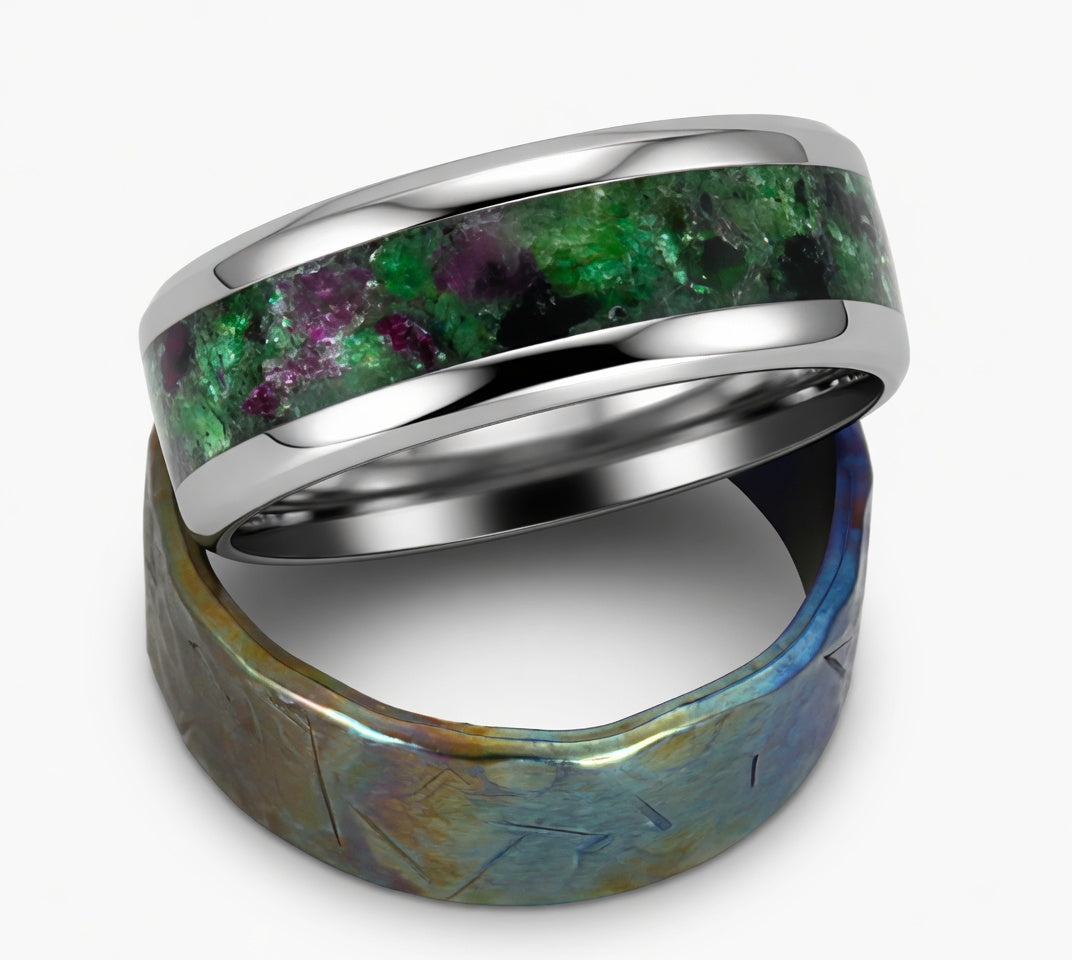 Stainless Steel  with green and purple opal