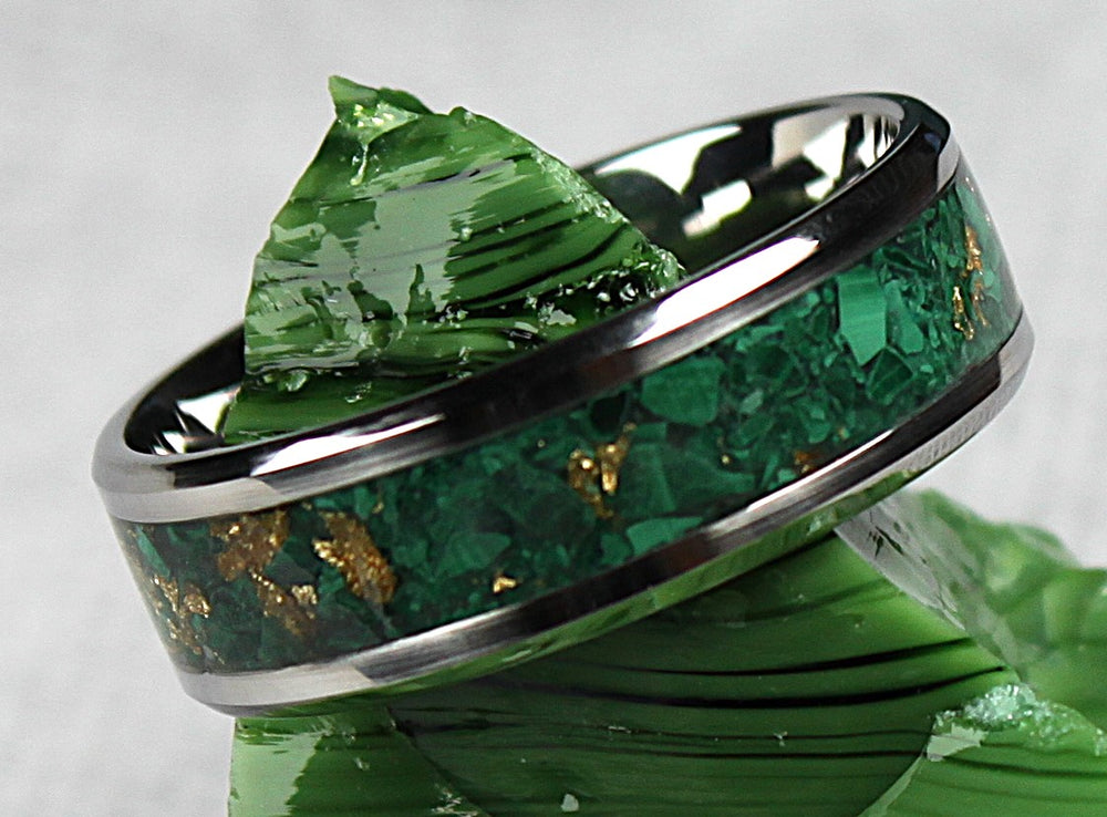 Malachite and Gold Leaf Inlay Ring | Stainless Steel, Titanium, Ceramic, or Tungsten