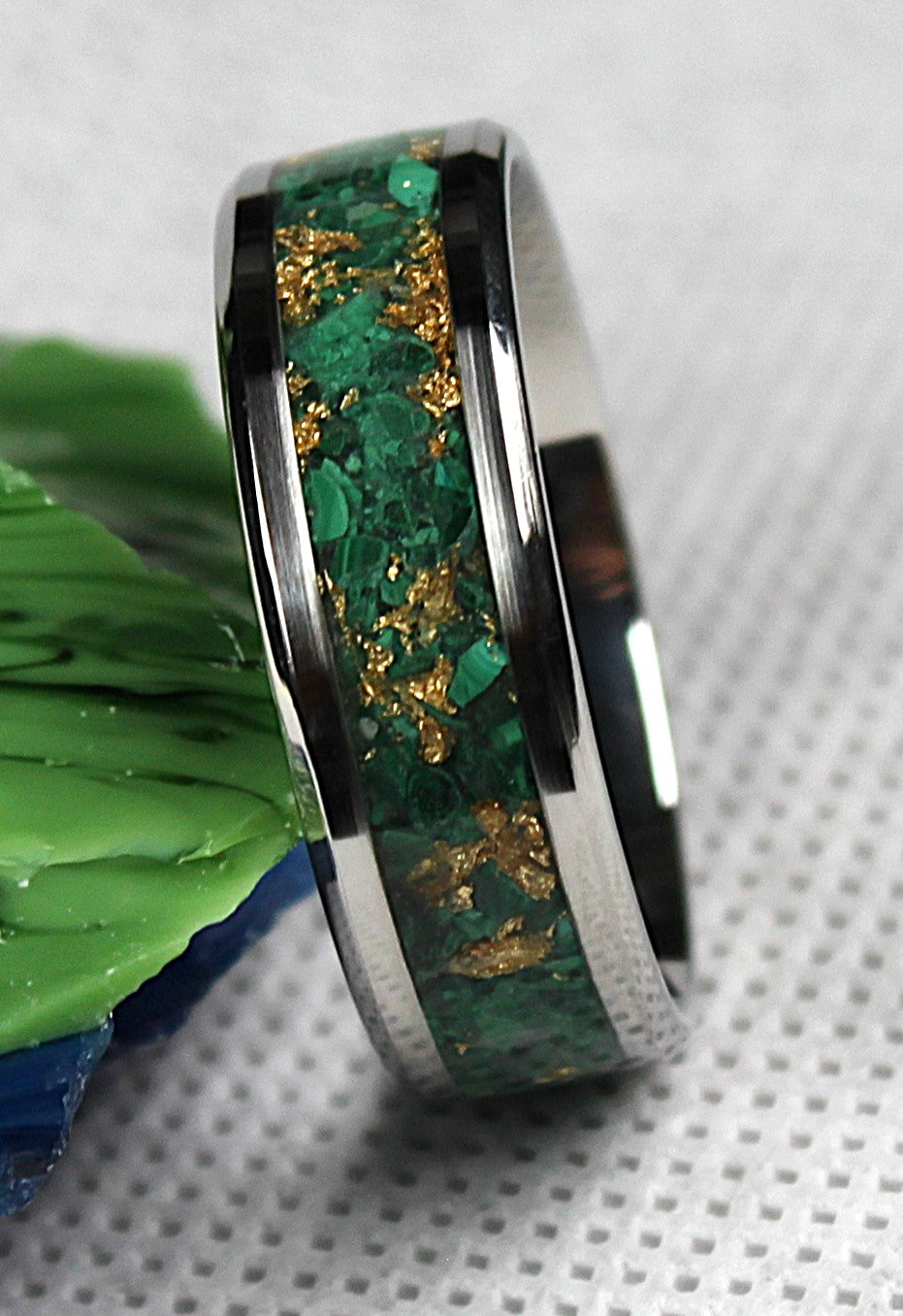 Malachite and Gold Leaf Inlay Ring | Stainless Steel, Titanium, Ceramic, or Tungsten