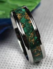 Malachite and Gold Leaf Inlay Ring | Stainless Steel, Titanium, Ceramic, or Tungsten